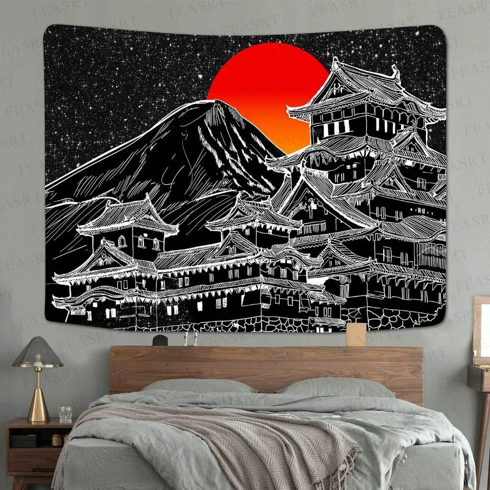 Japanese Fuji Mountain Art Chinese Dojo BlackWhite Sunset Graphic Print Tapestry